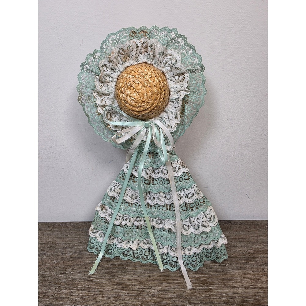 Vintage Broom Doll Wall Hanging 12" Straw Mint Green Ruffle Lace Dress Bonnet